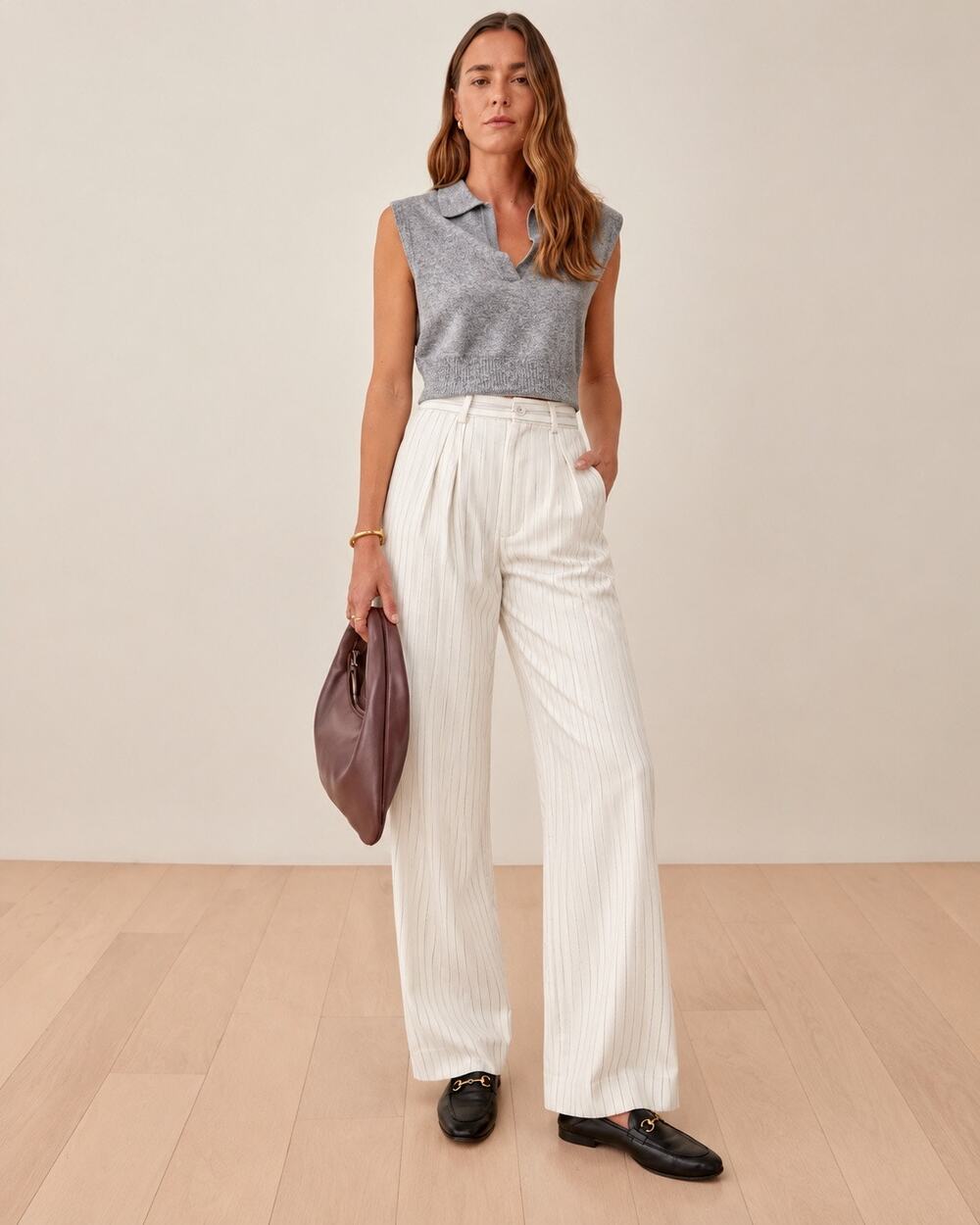 Reformation Oren Pants Size 10 Linen Blend Wide Leg White Stripe Old Money